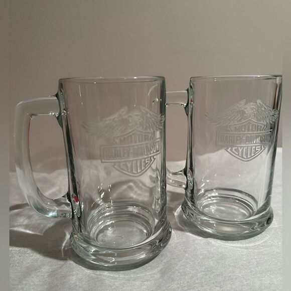 Harley Davidson Glass Beer Stein Drink Mugs Set of 2 - Picture 2 of 11